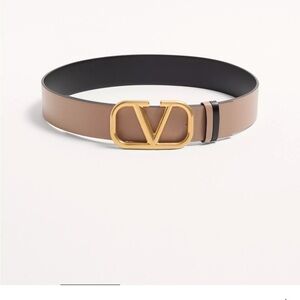 Valentino Reversible Tan and Black Leather Belt with Gold V Buckle